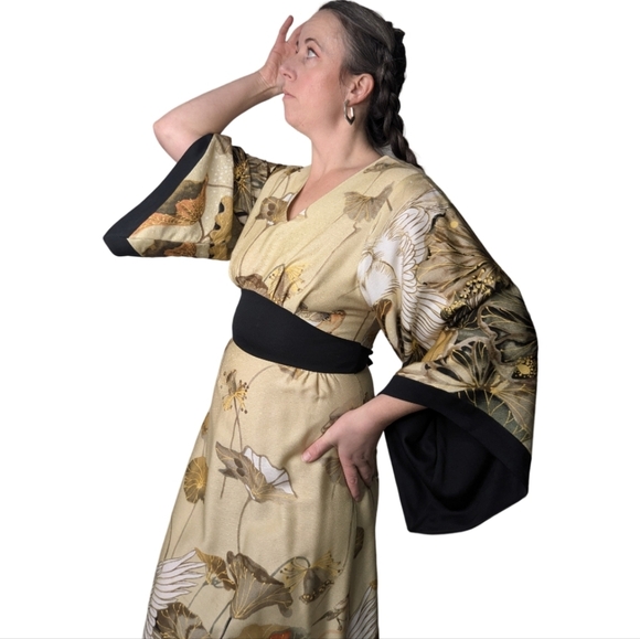 Japanese Style Kimono Maxi Dress Bird Pattern Size XS* 60s-70s - Picture 4 of 17